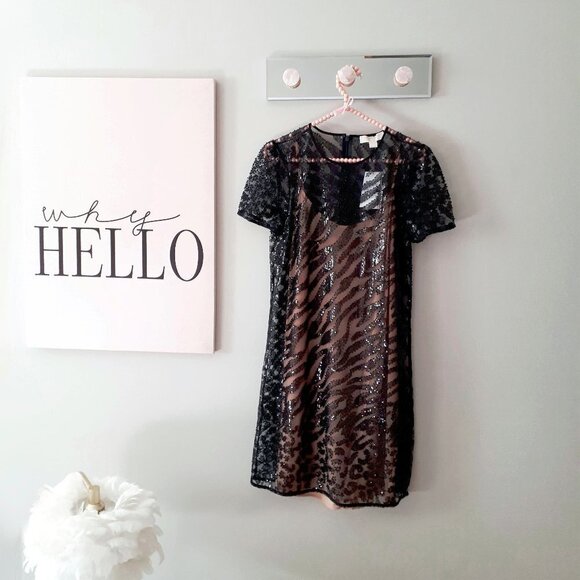 NWT MICHAEL Michael Kors black sequin & crystal leopard print mesh t-shirt dress - Picture 4 of 7